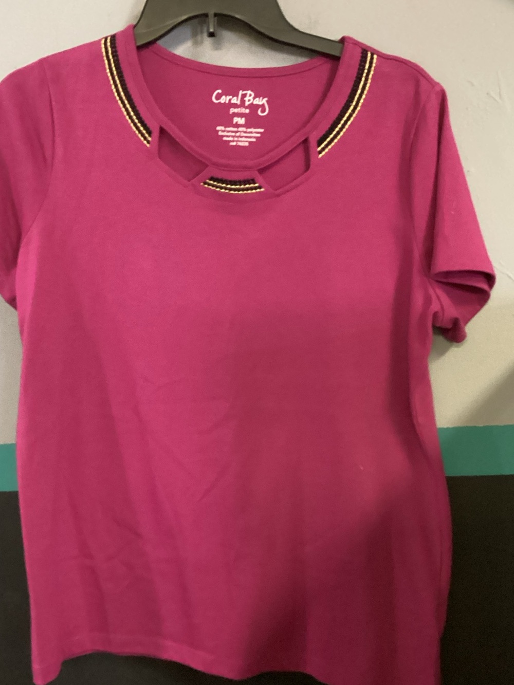 Coral Bay Magenta Short Sleeve Cutout Neck Tee with Trim
